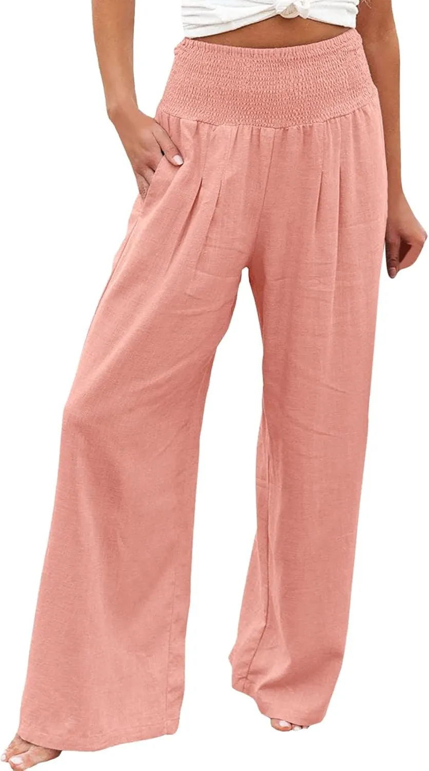 Women's Cotton Linen Wide Leg Pants High Waist Flowy Casual Trousers Palazzo Straight Comfy Pant for Vacation Summer