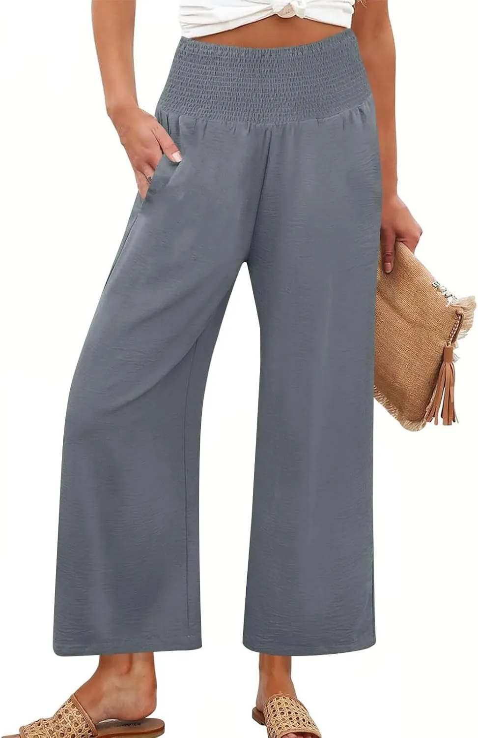Womens Cropped Linen Pants Smocked Elastic Waisted Wide Leg Pants Summer Loose Beach Palazzo Lounge Pant with Pockets