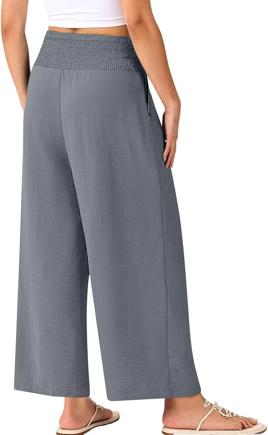 Womens Cropped Linen Pants Smocked Elastic Waisted Wide Leg Pants Summer Loose Beach Palazzo Lounge Pant with Pockets