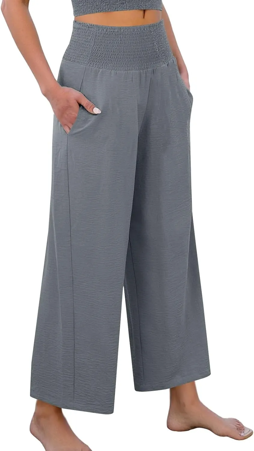 Womens Cropped Linen Pants Smocked Elastic Waisted Wide Leg Pants Summer Loose Beach Palazzo Lounge Pant with Pockets