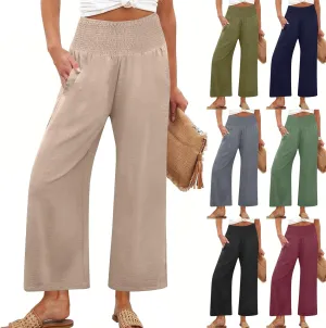 Womens Cropped Linen Pants Smocked Elastic Waisted Wide Leg Pants Summer Loose Beach Palazzo Lounge Pant with Pockets