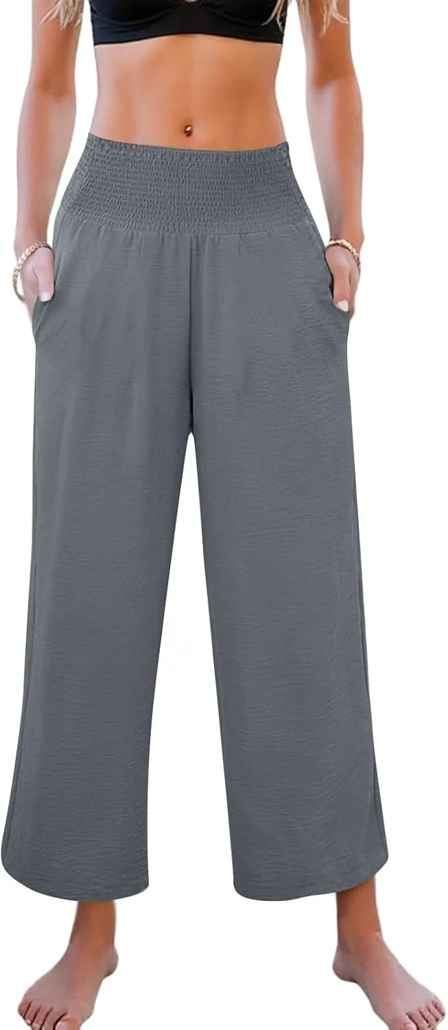 Womens Cropped Linen Pants Smocked Elastic Waisted Wide Leg Pants Summer Loose Beach Palazzo Lounge Pant with Pockets