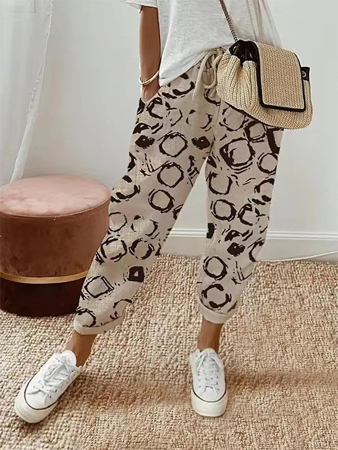 Womens Cropped Linen Pants Straight Leg Cotton Linen Pants Casual Summer Ankle Pants Lightweight Thin Beach Trousers