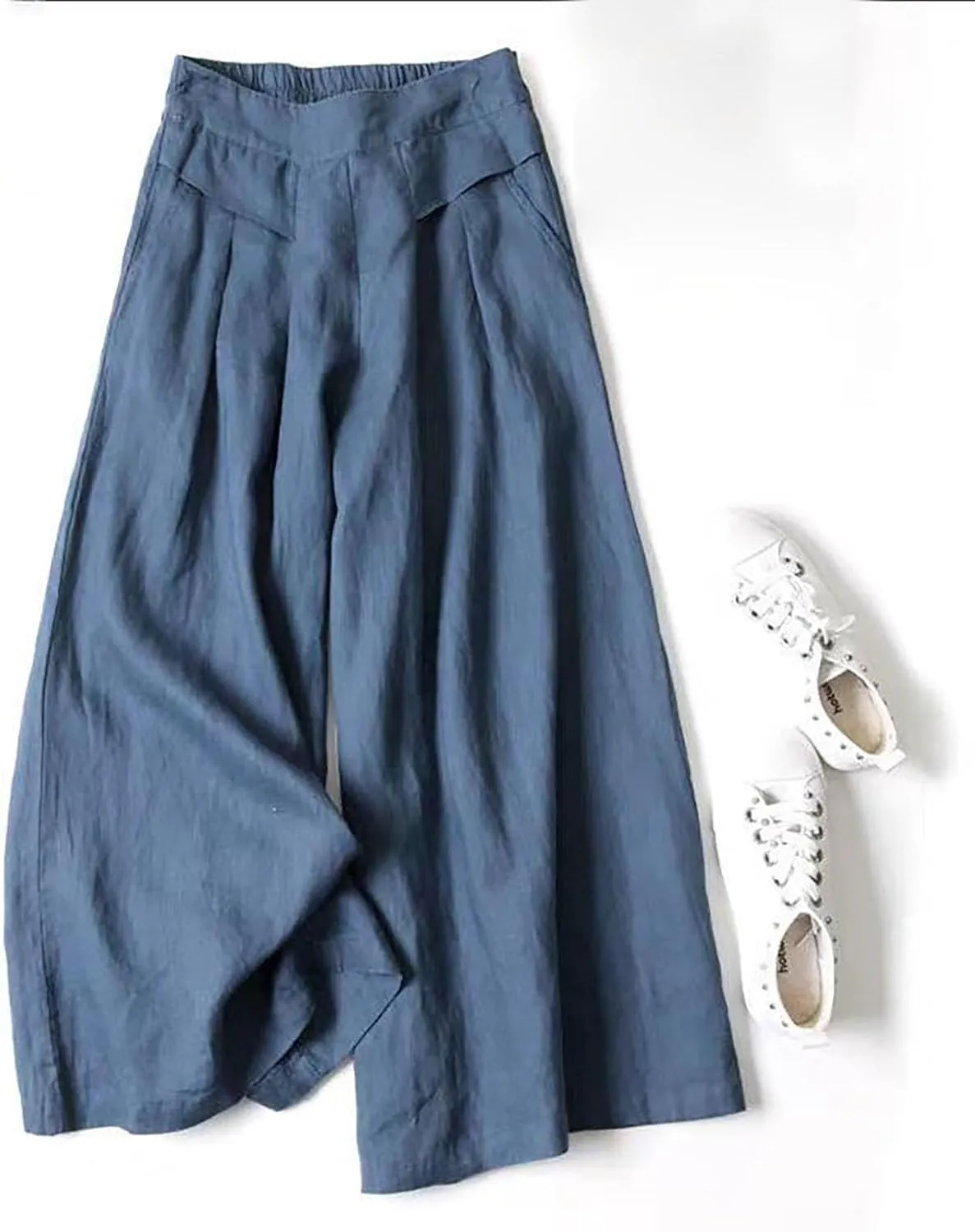 Womens Cropped Linen Pants Wide Leg Loose Summer Palazzo Pants High Waist Elastic Beach Flowy Casual Trouser