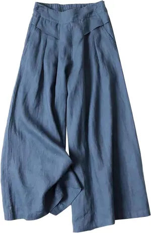 Womens Cropped Linen Pants Wide Leg Loose Summer Palazzo Pants High Waist Elastic Beach Flowy Casual Trouser