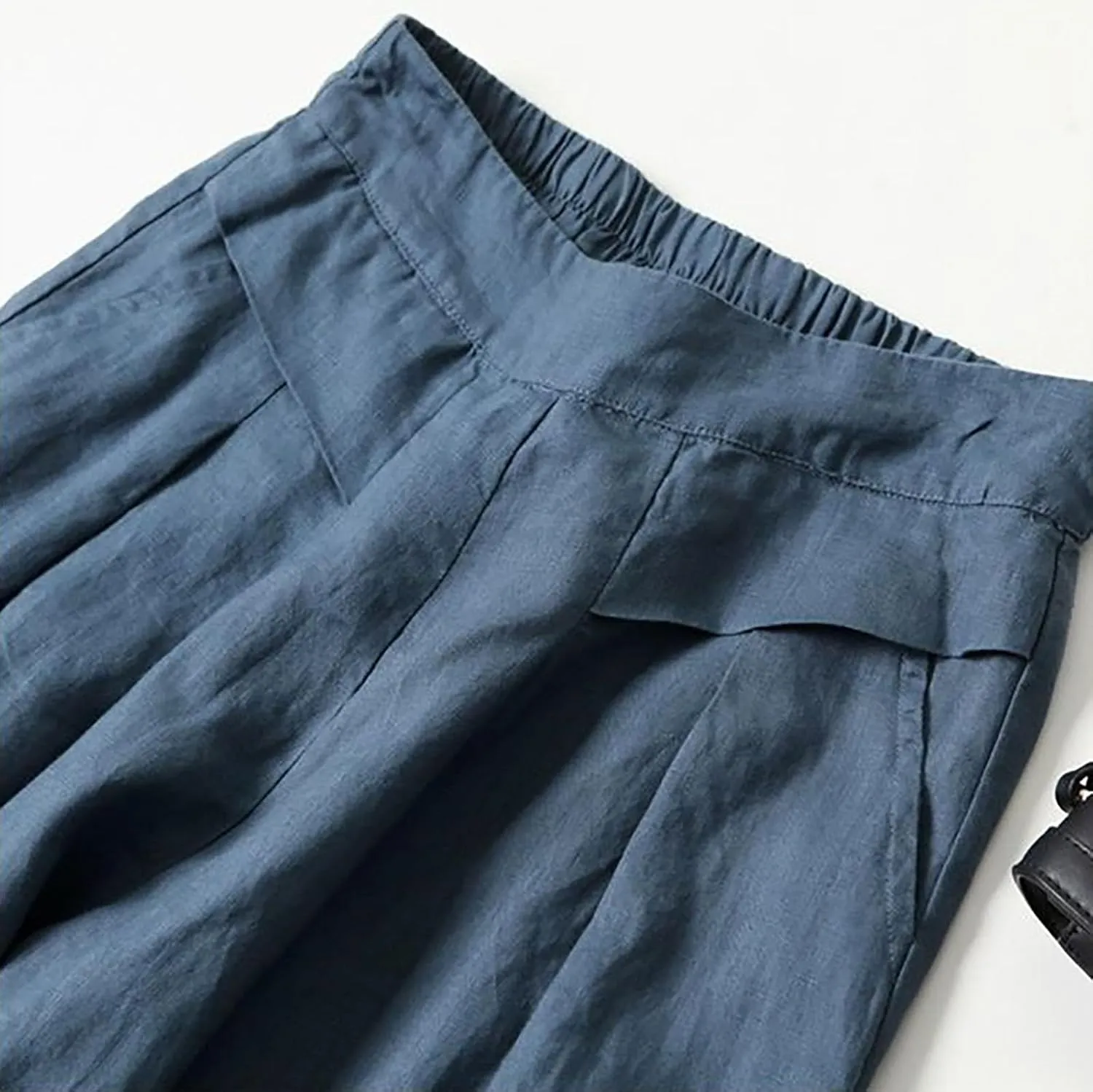 Womens Cropped Linen Pants Wide Leg Loose Summer Palazzo Pants High Waist Elastic Beach Flowy Casual Trouser