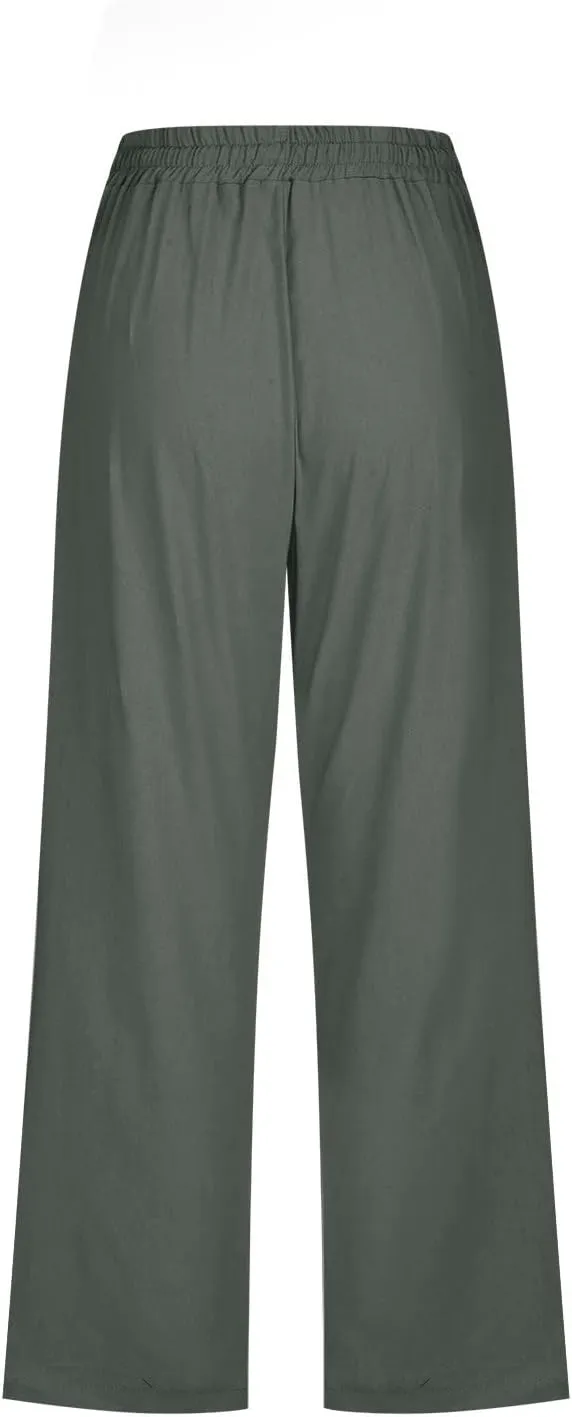 Women's Cropped Trousers Cotton and Linen High Waist Drawstring Double Pocket Summer Casual Soft Holiday Pants