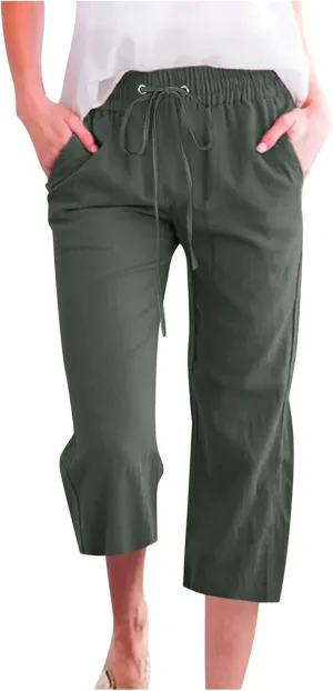 Women's Cropped Trousers Cotton and Linen High Waist Drawstring Double Pocket Summer Casual Soft Holiday Pants