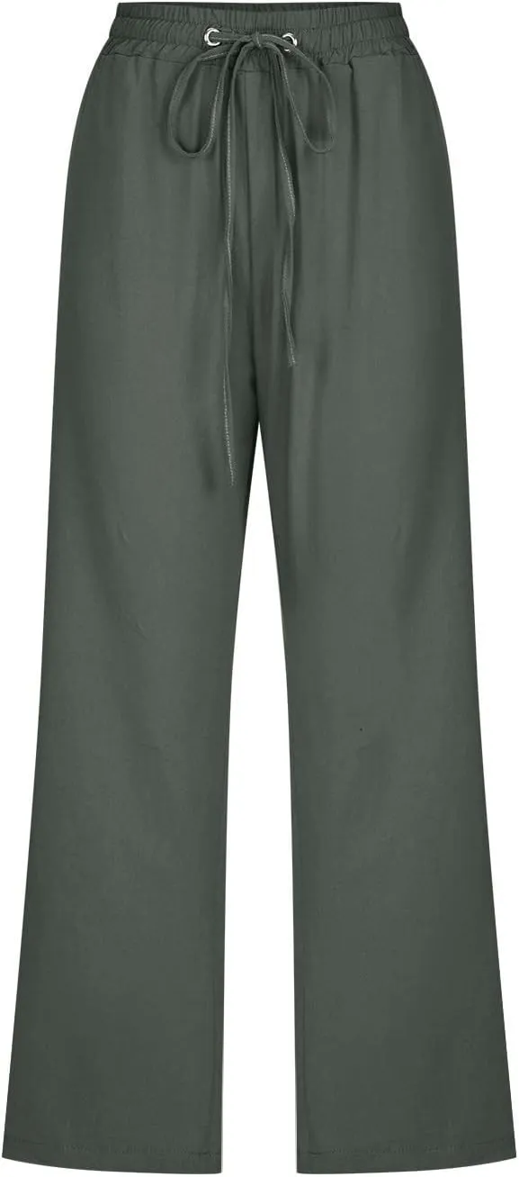 Women's Cropped Trousers Cotton and Linen High Waist Drawstring Double Pocket Summer Casual Soft Holiday Pants