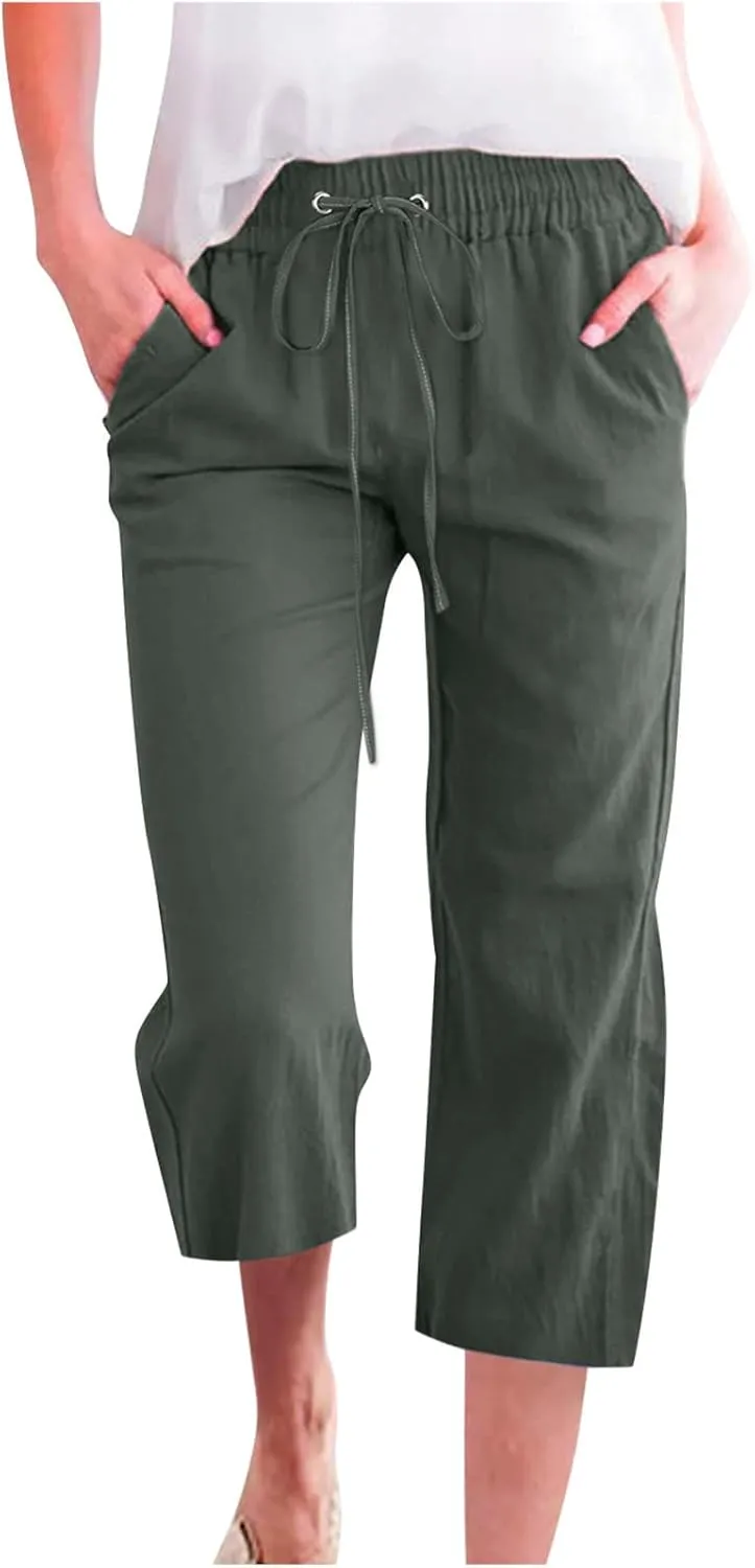 Women's Cropped Trousers Cotton and Linen High Waist Drawstring Double Pocket Summer Casual Soft Holiday Pants