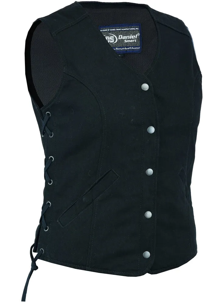 WOMEN’S DENIM LONGER BODY ¾ VEST – SIDE LACES vest
