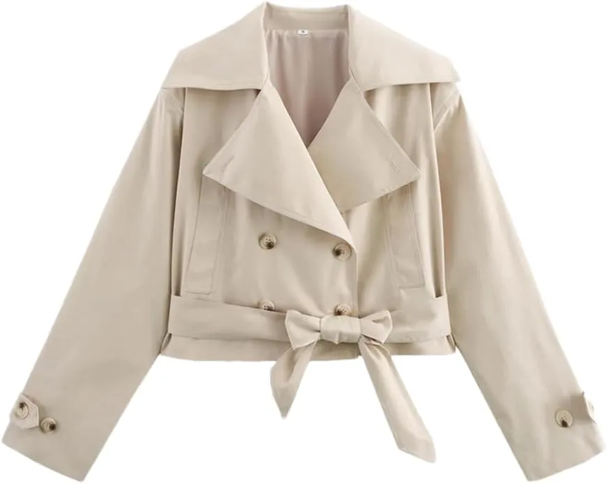 Women's Double Breasted Crop Trench Coat Belt Long Sleeve Lapel Collar Outerwear Tops