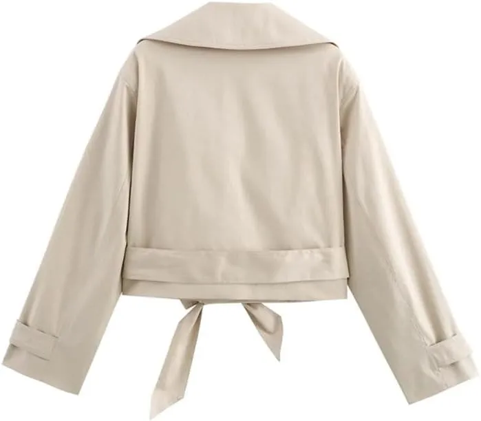 Women's Double Breasted Crop Trench Coat Belt Long Sleeve Lapel Collar Outerwear Tops