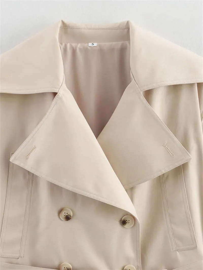 Women's Double Breasted Crop Trench Coat Belt Long Sleeve Lapel Collar Outerwear Tops