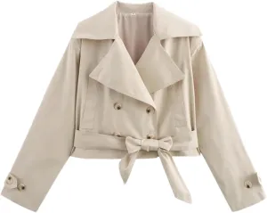 Women's Double Breasted Crop Trench Coat Belt Long Sleeve Lapel Collar Outerwear Tops