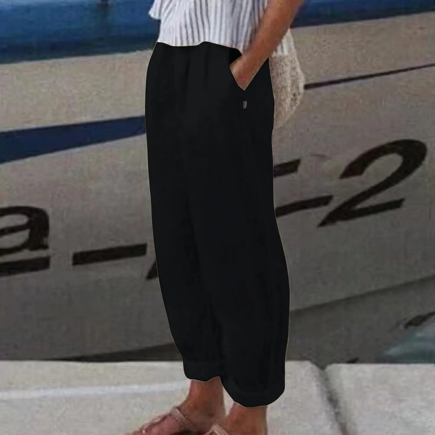 Women's Fashion Loose Linen Pants Elastic Waist Solid Color Cotton Pants Summer Casual Lounge Beach Trousers Pockets