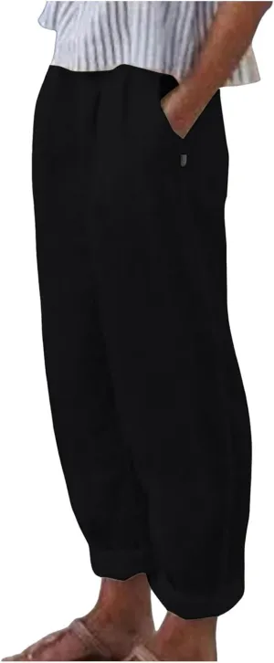 Women's Fashion Loose Linen Pants Elastic Waist Solid Color Cotton Pants Summer Casual Lounge Beach Trousers Pockets