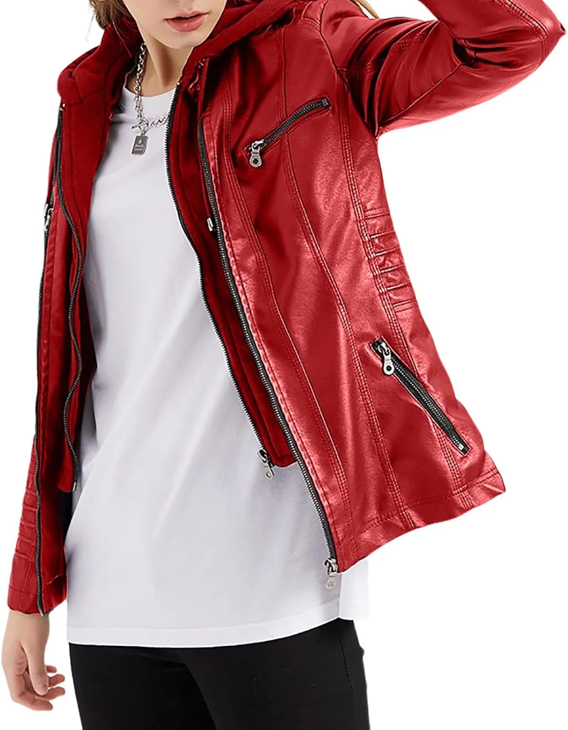 Womens Faux Leather Motorcycle Jacket with Hoodie Plus Size Long Sleeve Biker Coat Casual Zip Up Short Outwear M-5XL