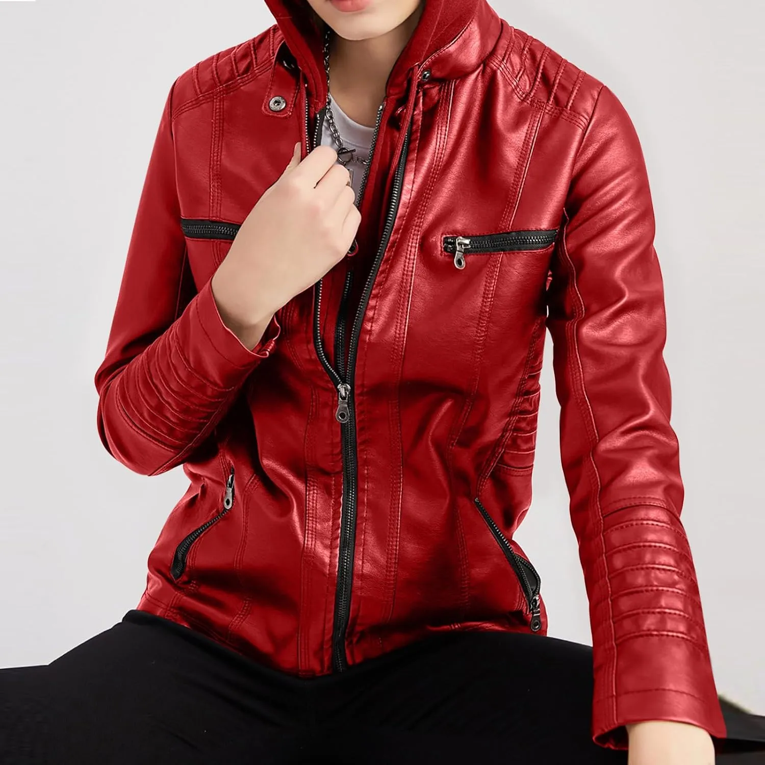 Womens Faux Leather Motorcycle Jacket with Hoodie Plus Size Long Sleeve Biker Coat Casual Zip Up Short Outwear M-5XL