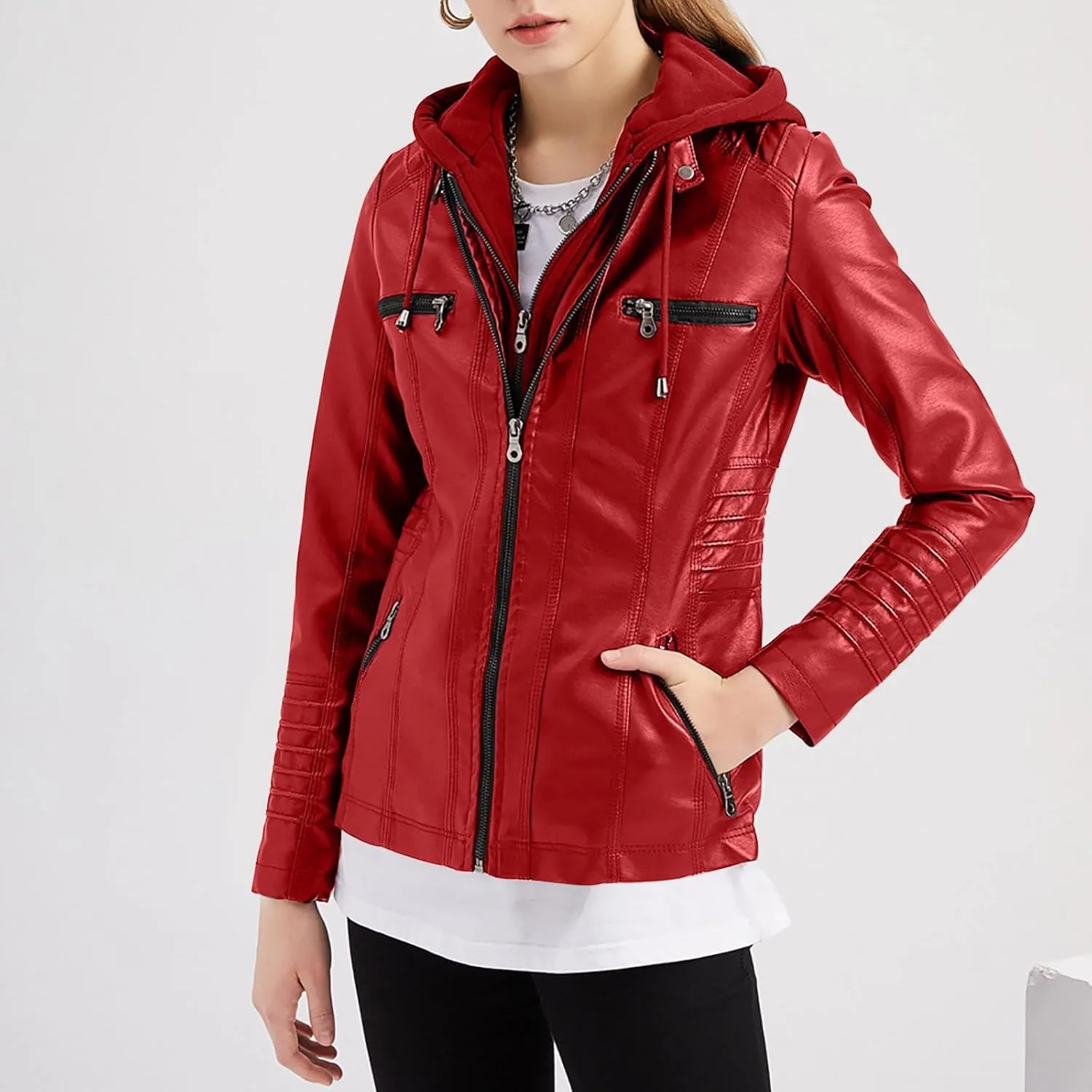 Womens Faux Leather Motorcycle Jacket with Hoodie Plus Size Long Sleeve Biker Coat Casual Zip Up Short Outwear M-5XL