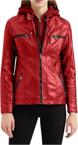 Womens Faux Leather Motorcycle Jacket with Hoodie Plus Size Long Sleeve Biker Coat Casual Zip Up Short Outwear M-5XL