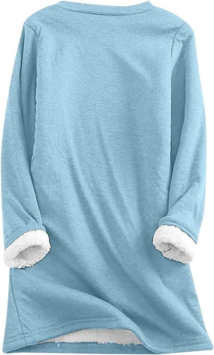 Womens Fleece Crewneck Sweatshirts Thermal Fleece Tops Round Neck Long Sleeve Pullover