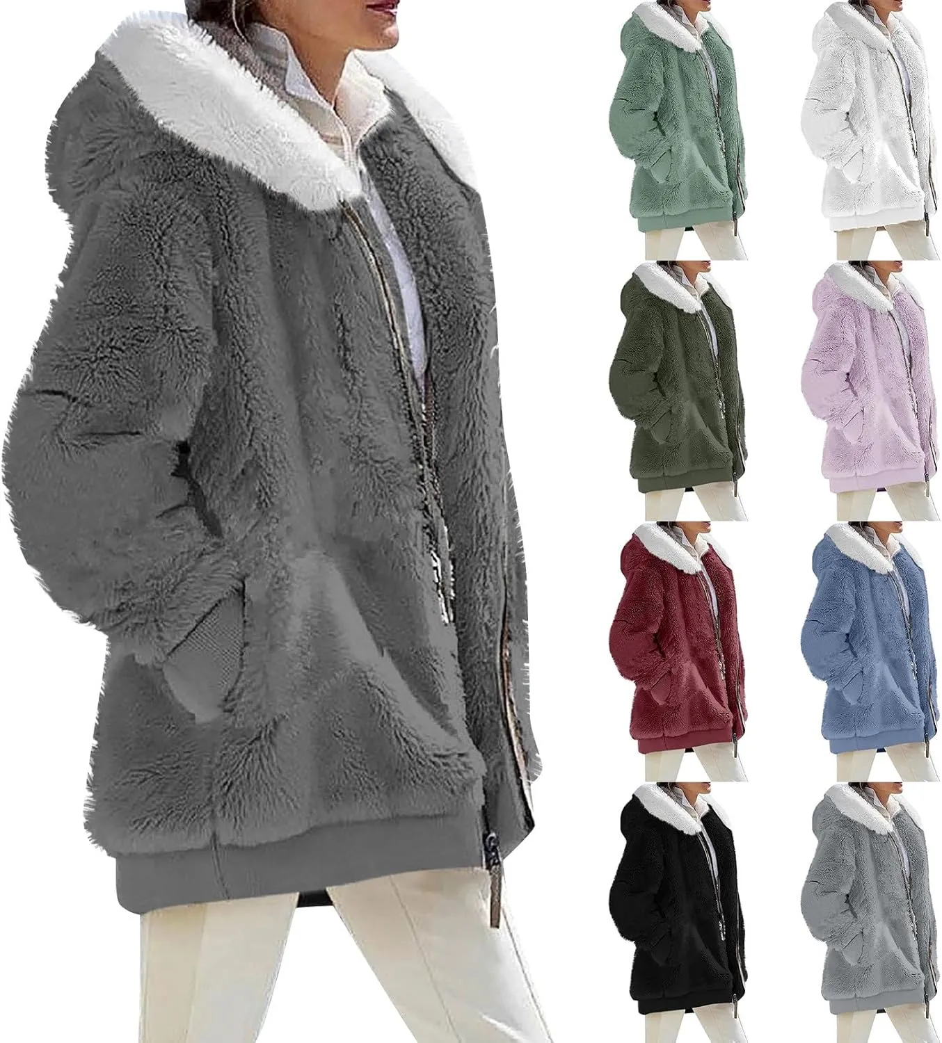 Women's Fleece Jackets and Coats Zip Up Hooded Color Block Patchwork Coat Thick Warm Fuzzy Sherpa Outerwear