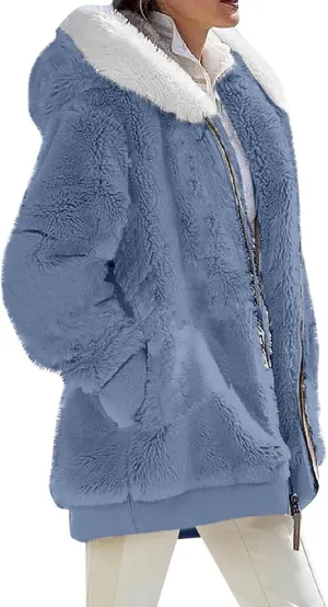 Women's Fleece Jackets and Coats Zip Up Hooded Color Block Patchwork Coat Thick Warm Fuzzy Sherpa Outerwear