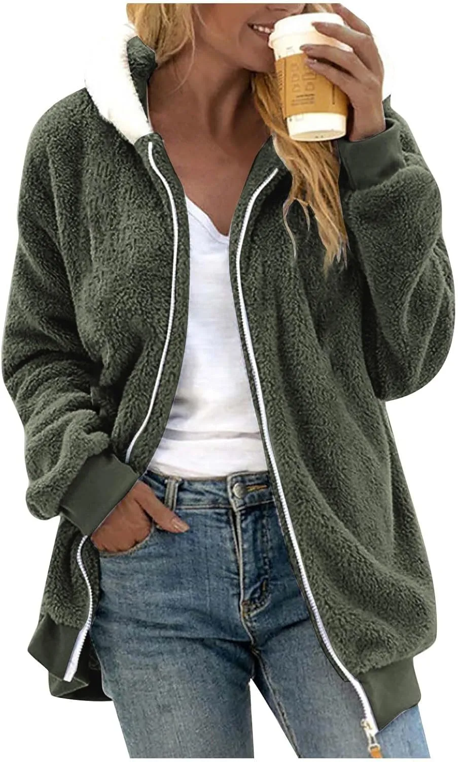 Women's Fleece Jackets and Coats Zip Up Hooded Color Block Patchwork Coat Thick Warm Fuzzy Sherpa Outerwear