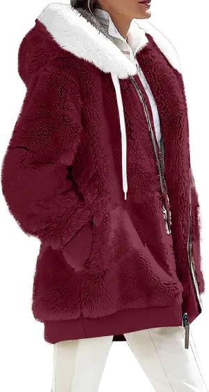 Women's Fleece Jackets and Coats Zip Up Hooded Color Block Patchwork Coat Thick Warm Fuzzy Sherpa Outerwear