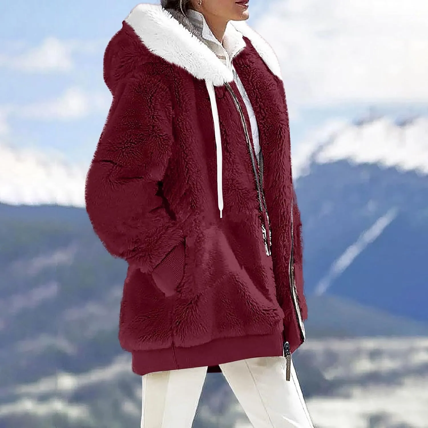 Women's Fleece Jackets and Coats Zip Up Hooded Color Block Patchwork Coat Thick Warm Fuzzy Sherpa Outerwear