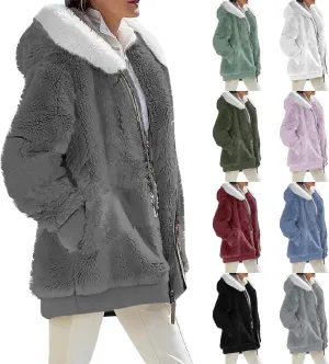 Women's Fleece Jackets and Coats Zip Up Hooded Color Block Patchwork Coat Thick Warm Fuzzy Sherpa Outerwear