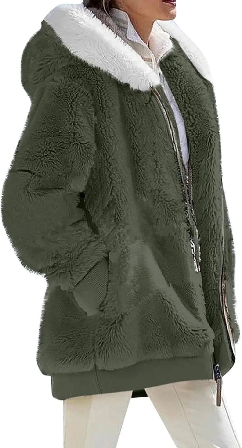 Women's Fleece Jackets and Coats Zip Up Hooded Color Block Patchwork Coat Thick Warm Fuzzy Sherpa Outerwear