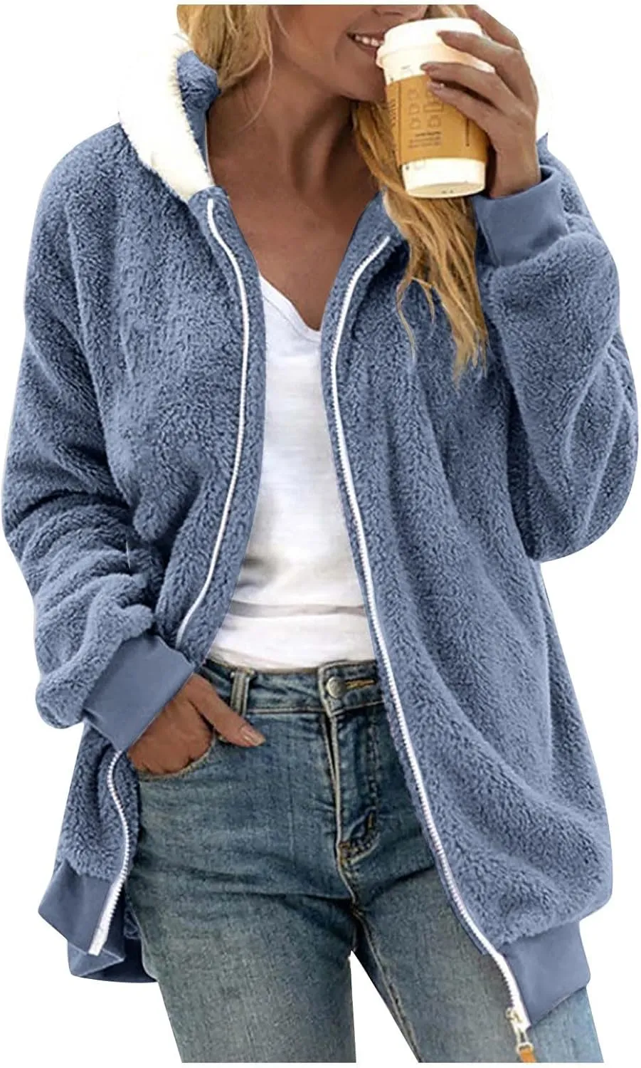 Women's Fleece Jackets and Coats Zip Up Hooded Color Block Patchwork Coat Thick Warm Fuzzy Sherpa Outerwear