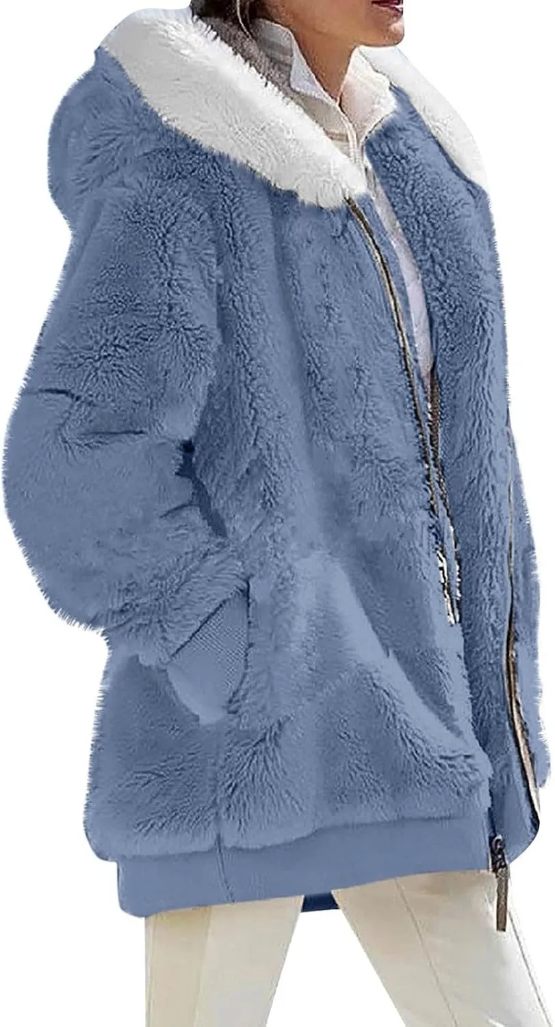 Women's Fleece Jackets and Coats Zip Up Hooded Color Block Patchwork Coat Thick Warm Fuzzy Sherpa Outerwear