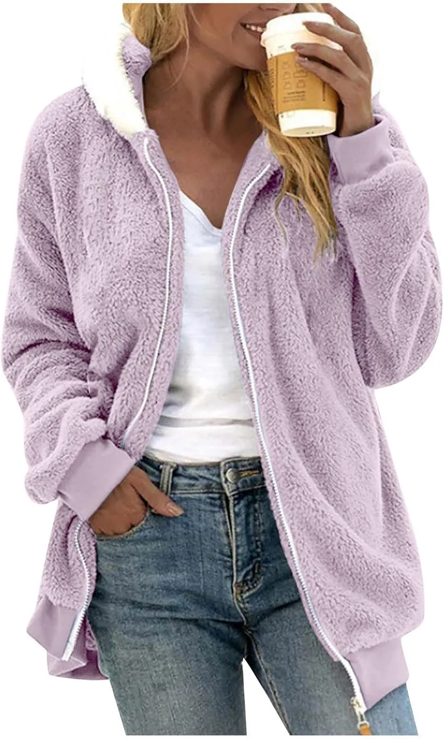 Women's Fleece Jackets and Coats Zip Up Hooded Color Block Patchwork Coat Thick Warm Fuzzy Sherpa Outerwear