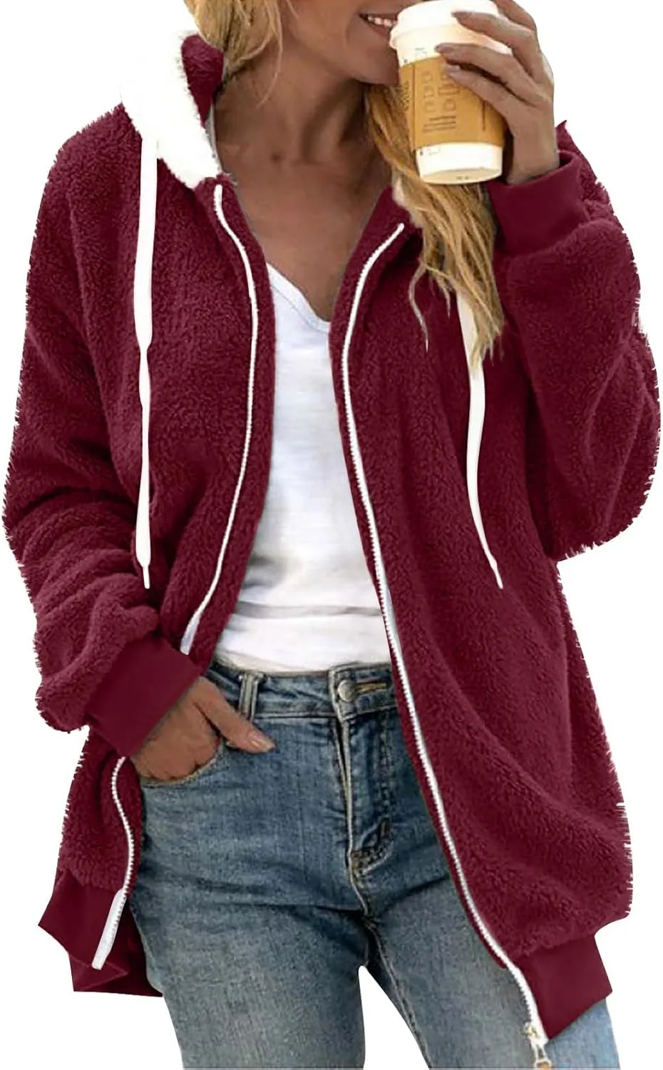 Women's Fleece Jackets and Coats Zip Up Hooded Color Block Patchwork Coat Thick Warm Fuzzy Sherpa Outerwear