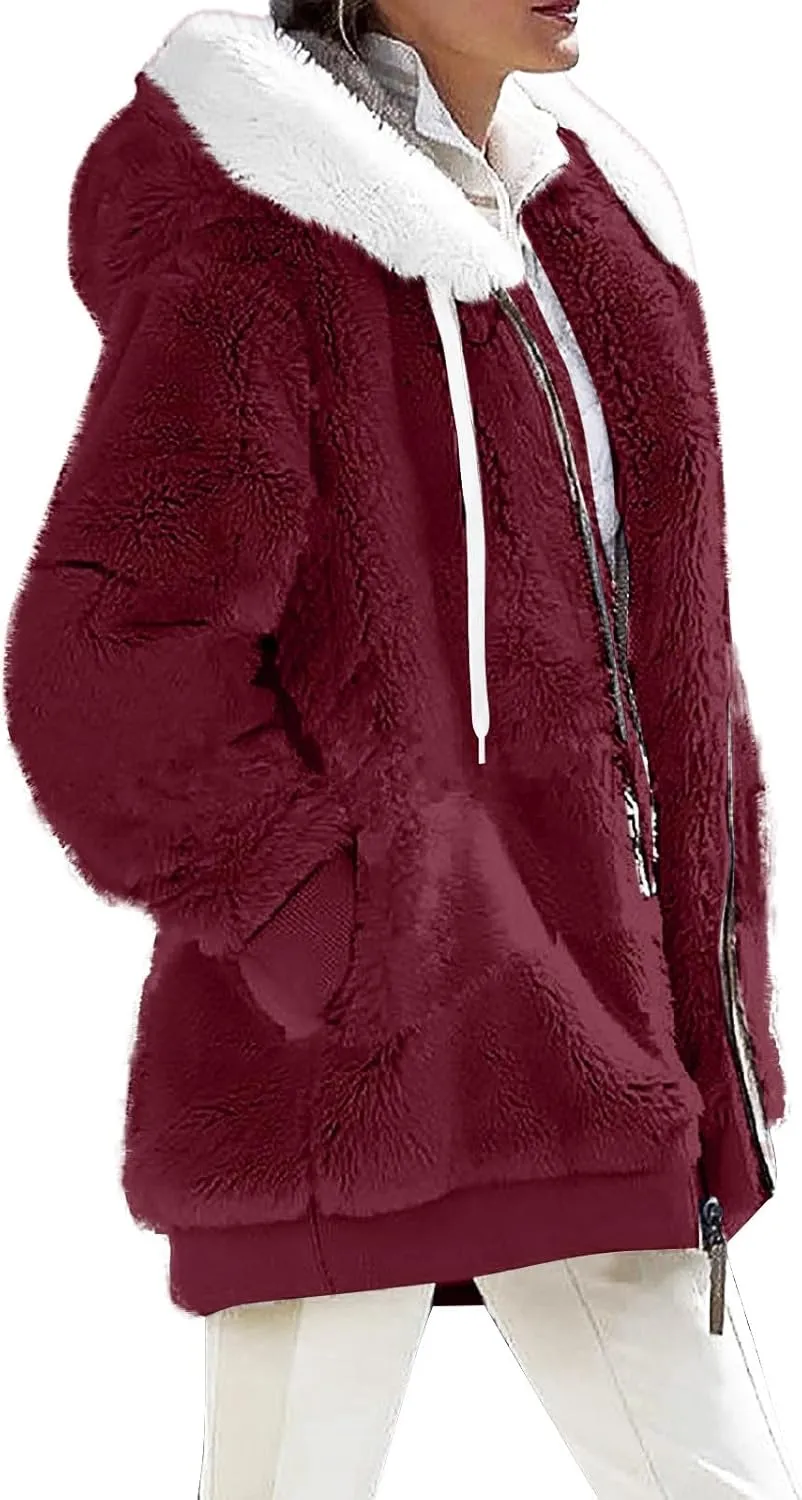 Women's Fleece Jackets and Coats Zip Up Hooded Color Block Patchwork Coat Thick Warm Fuzzy Sherpa Outerwear