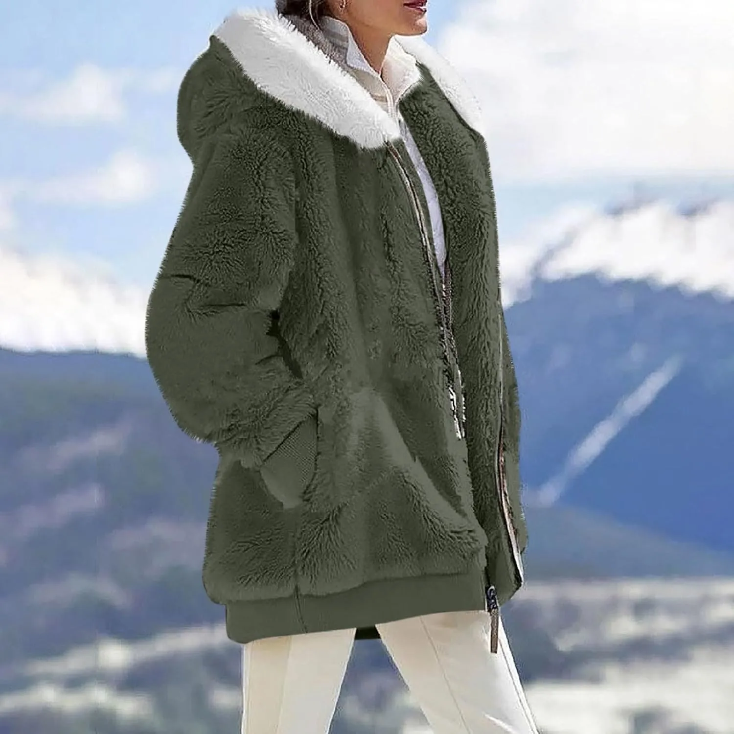 Women's Fleece Jackets and Coats Zip Up Hooded Color Block Patchwork Coat Thick Warm Fuzzy Sherpa Outerwear
