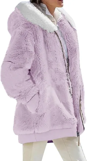 Women's Fleece Jackets and Coats Zip Up Hooded Color Block Patchwork Coat Thick Warm Fuzzy Sherpa Outerwear