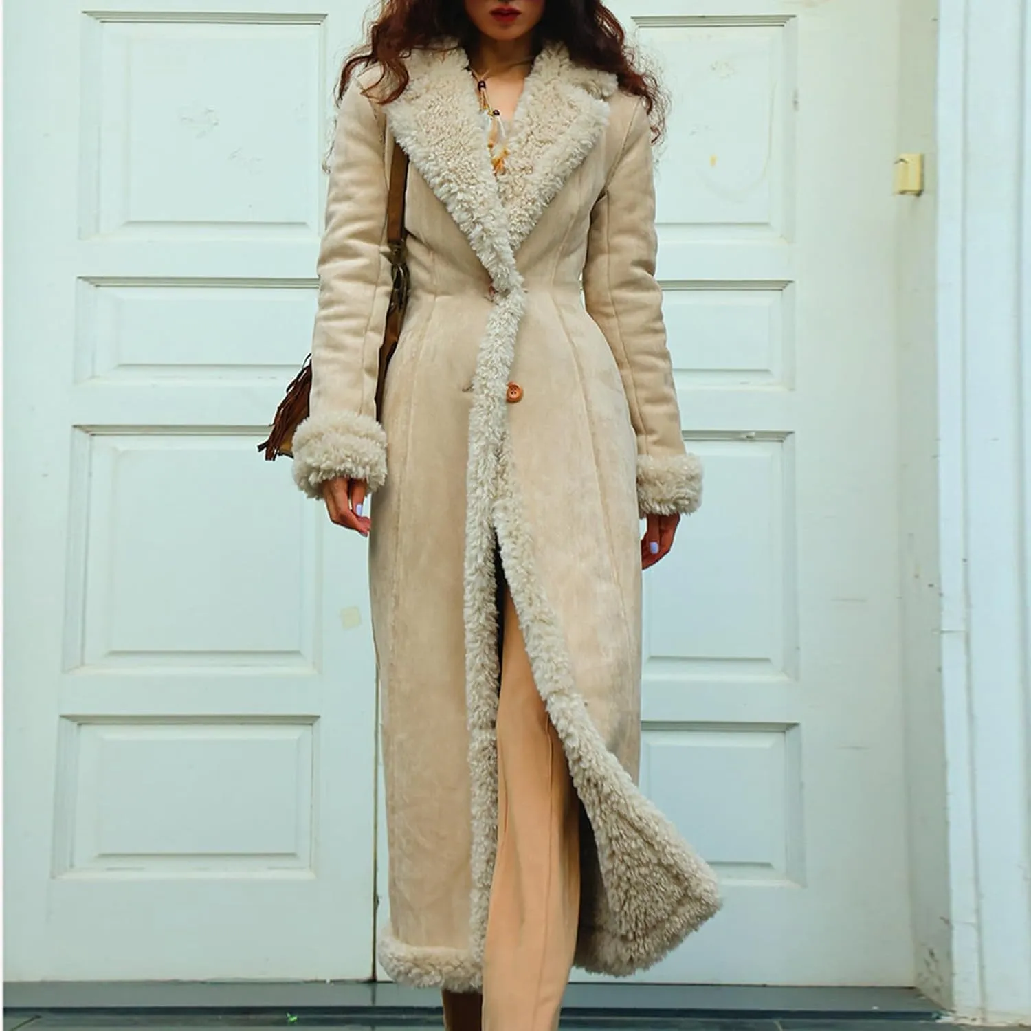 Womens Fleece Lined Pea Coats Single Breasted Notched Collar Long Trench Coats Casual Fluffy Sherpa Jackets