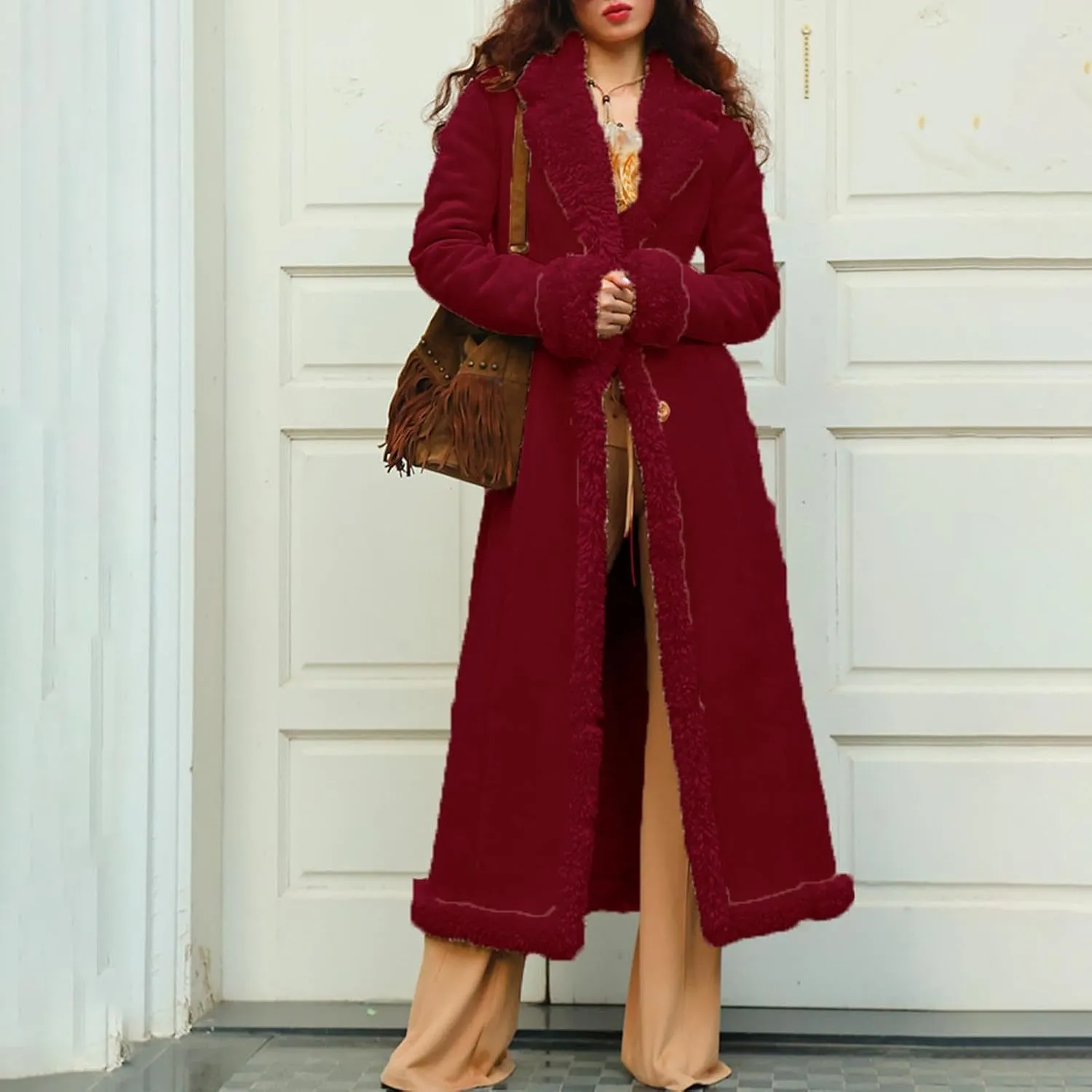 Womens Fleece Lined Pea Coats Single Breasted Notched Collar Long Trench Coats Casual Fluffy Sherpa Jackets
