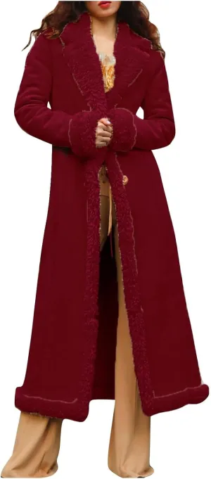 Womens Fleece Lined Pea Coats Single Breasted Notched Collar Long Trench Coats Casual Fluffy Sherpa Jackets