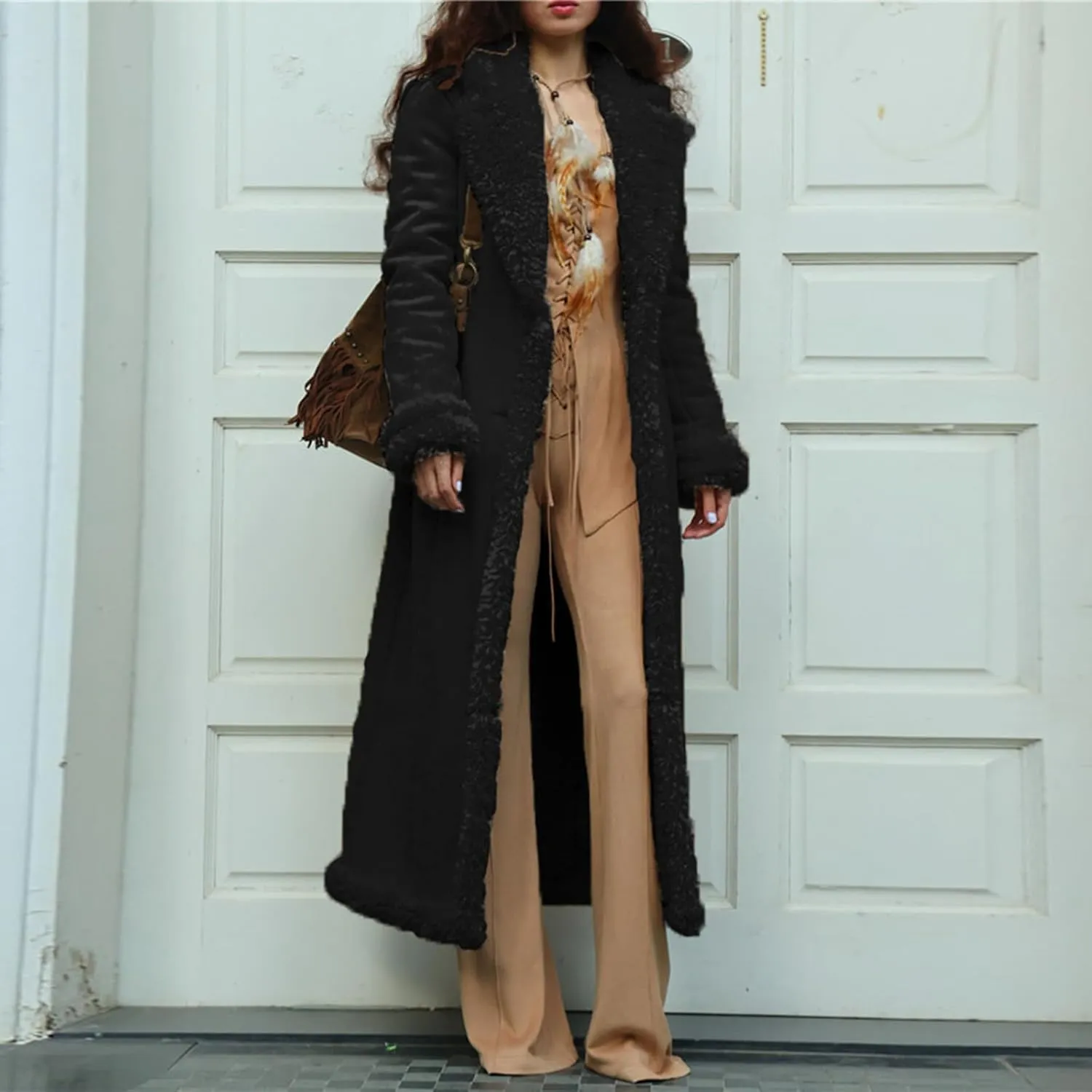 Womens Fleece Lined Pea Coats Single Breasted Notched Collar Long Trench Coats Casual Fluffy Sherpa Jackets