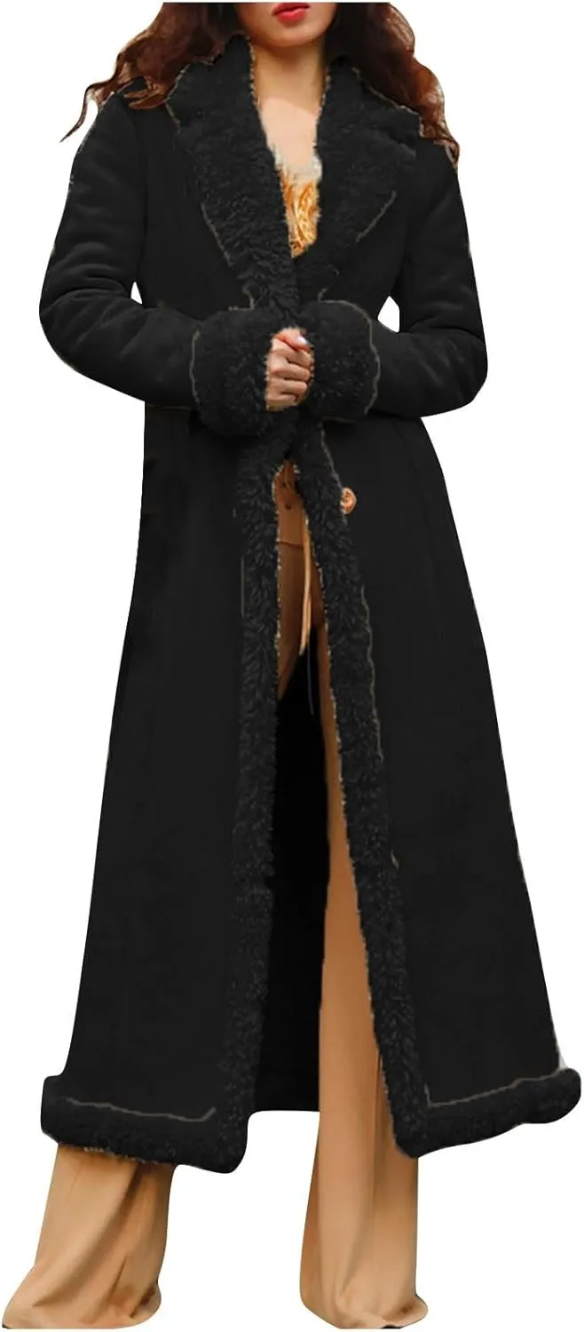 Womens Fleece Lined Pea Coats Single Breasted Notched Collar Long Trench Coats Casual Fluffy Sherpa Jackets