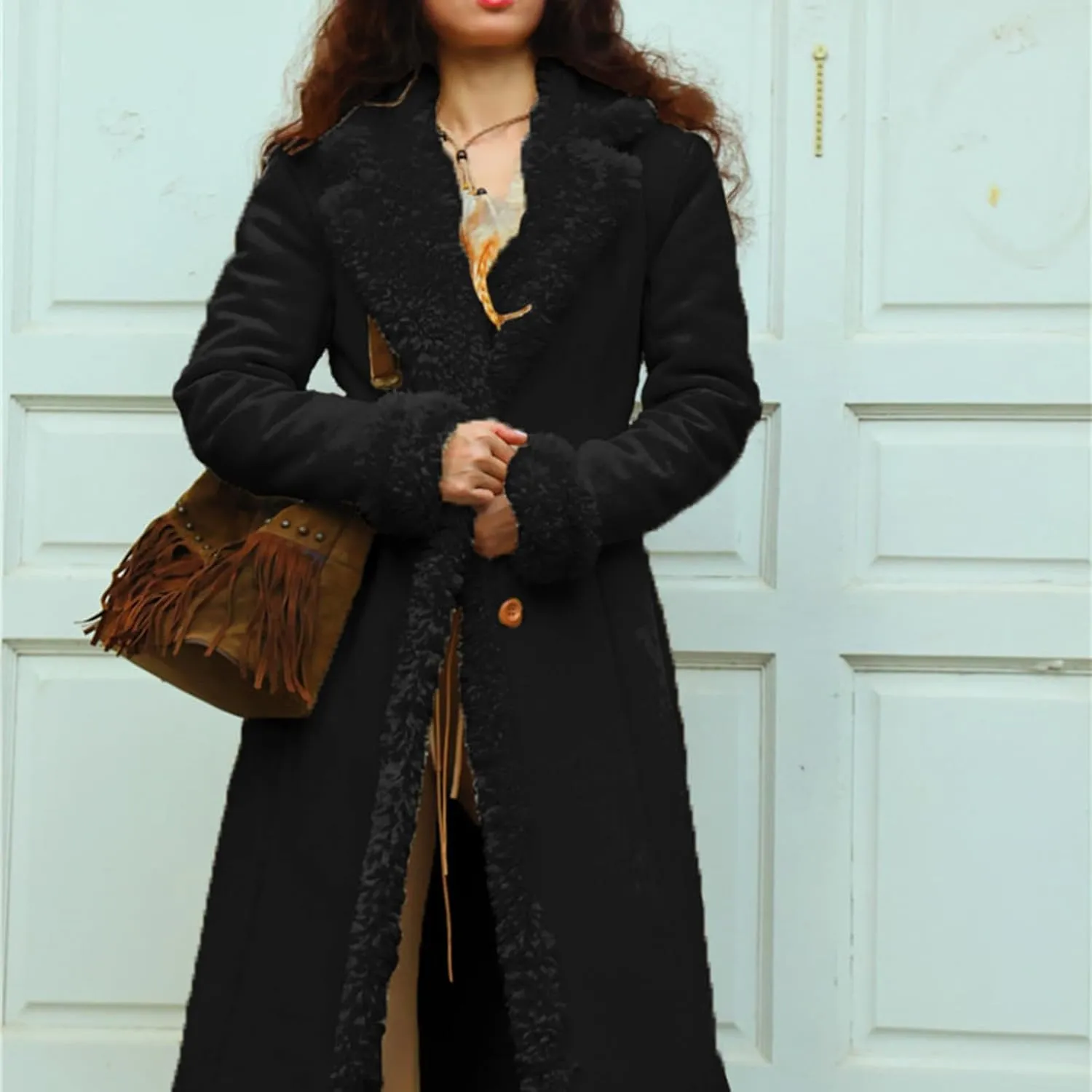 Womens Fleece Lined Pea Coats Single Breasted Notched Collar Long Trench Coats Casual Fluffy Sherpa Jackets