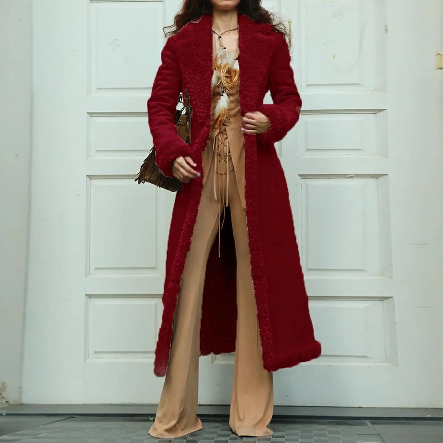 Womens Fleece Lined Pea Coats Single Breasted Notched Collar Long Trench Coats Casual Fluffy Sherpa Jackets