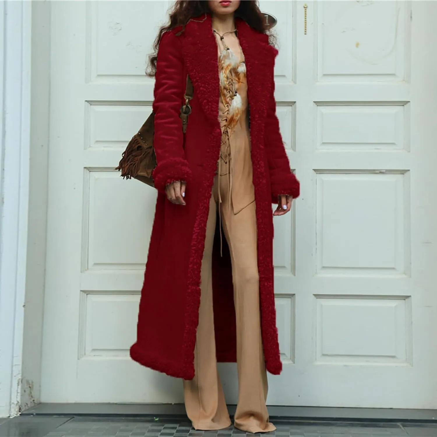 Womens Fleece Lined Pea Coats Single Breasted Notched Collar Long Trench Coats Casual Fluffy Sherpa Jackets