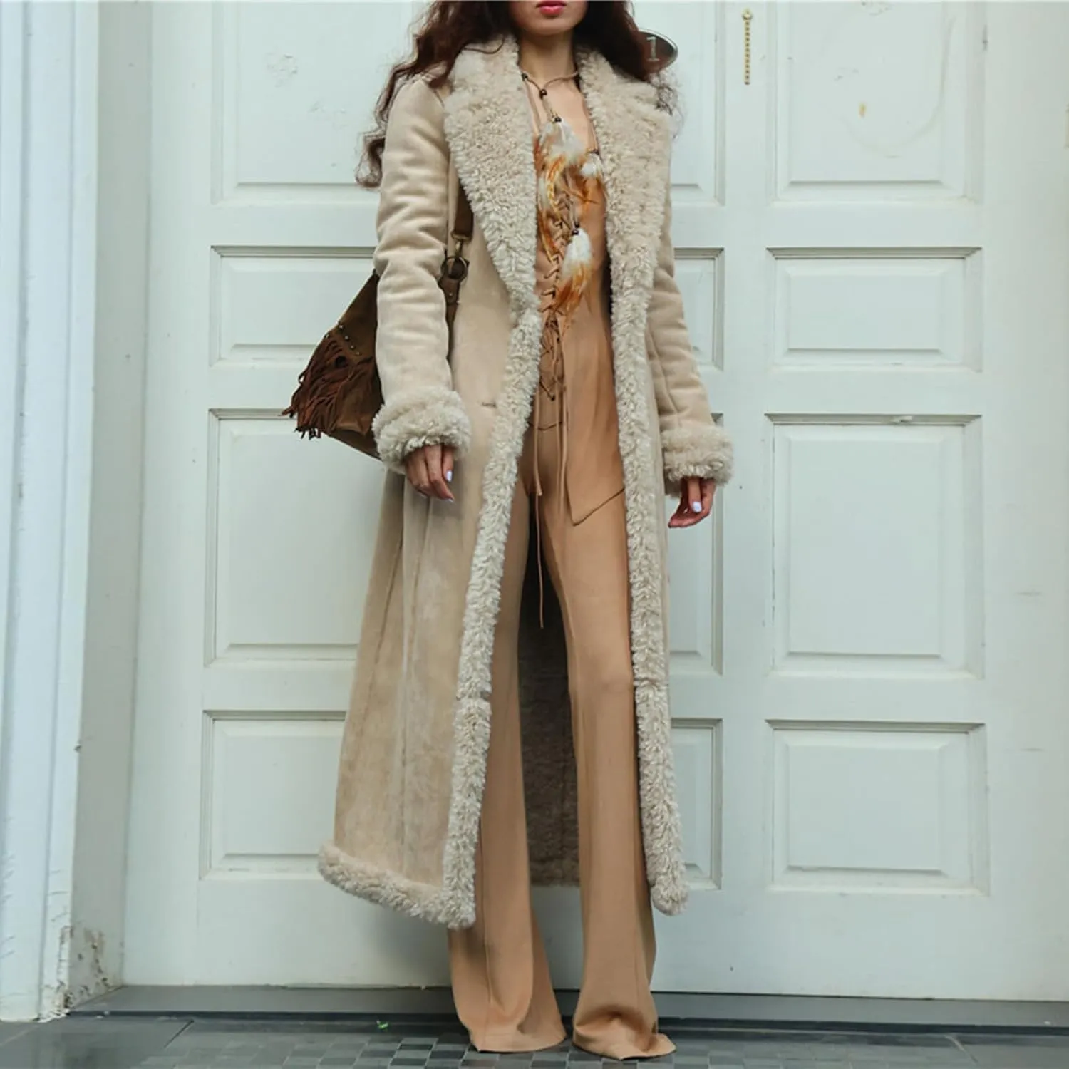 Womens Fleece Lined Pea Coats Single Breasted Notched Collar Long Trench Coats Casual Fluffy Sherpa Jackets
