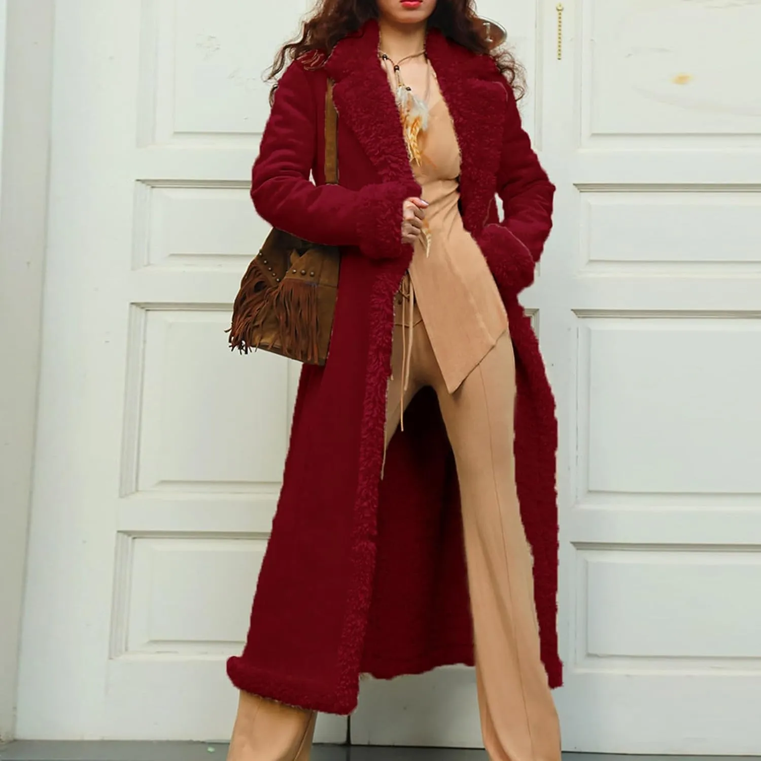 Womens Fleece Lined Pea Coats Single Breasted Notched Collar Long Trench Coats Casual Fluffy Sherpa Jackets